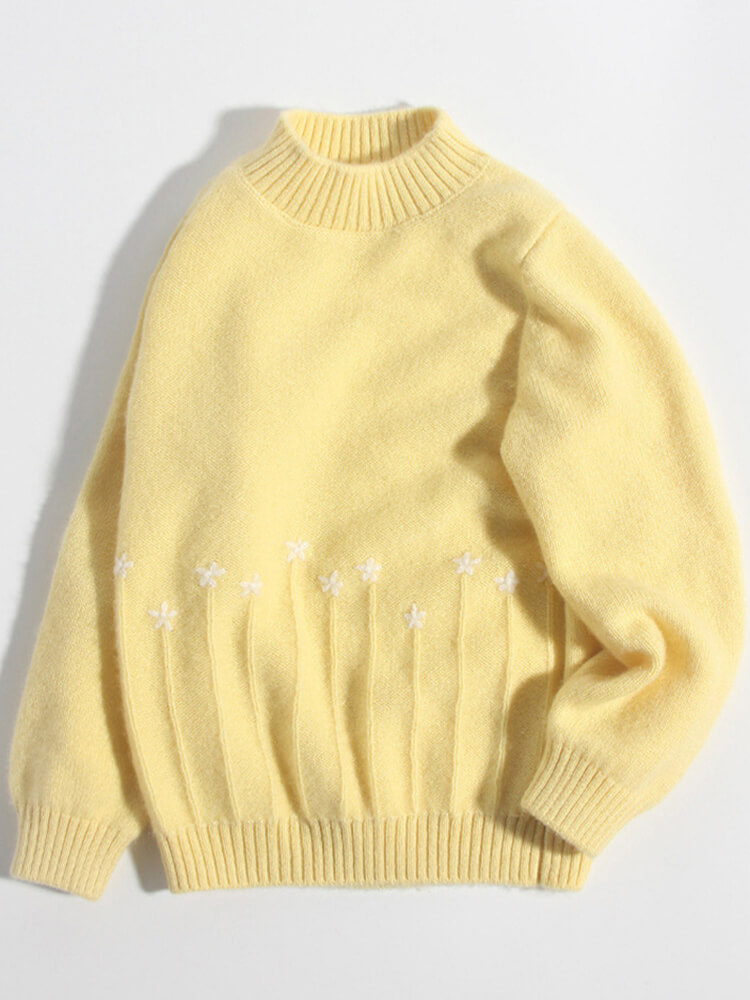 Soft Yellow Kids Cashmere Sweater with Embroidered Flowers